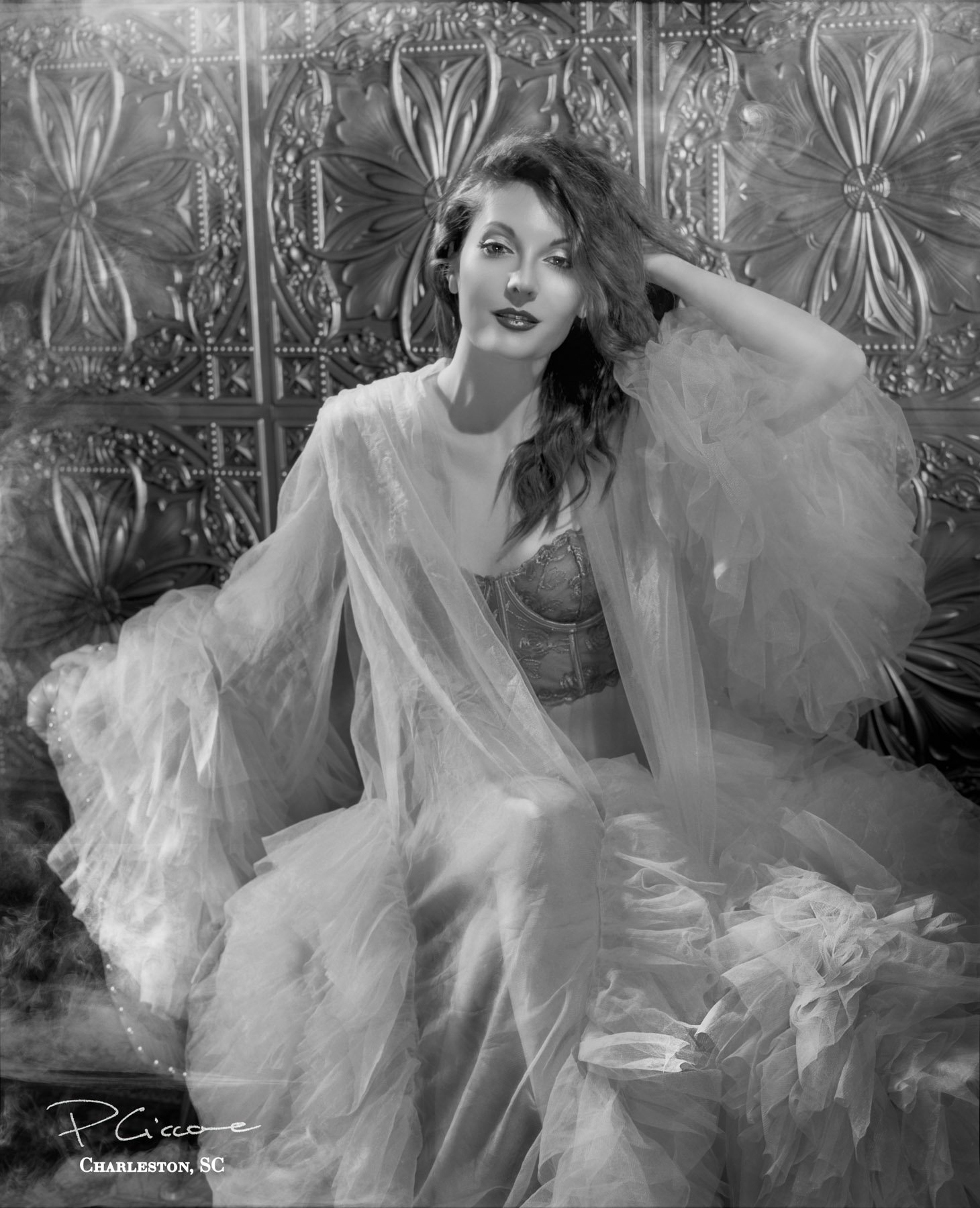 Boudoir portraits of Tammy wearing a sumptous tulle robe, by Paolo Portraits, Charleston SC